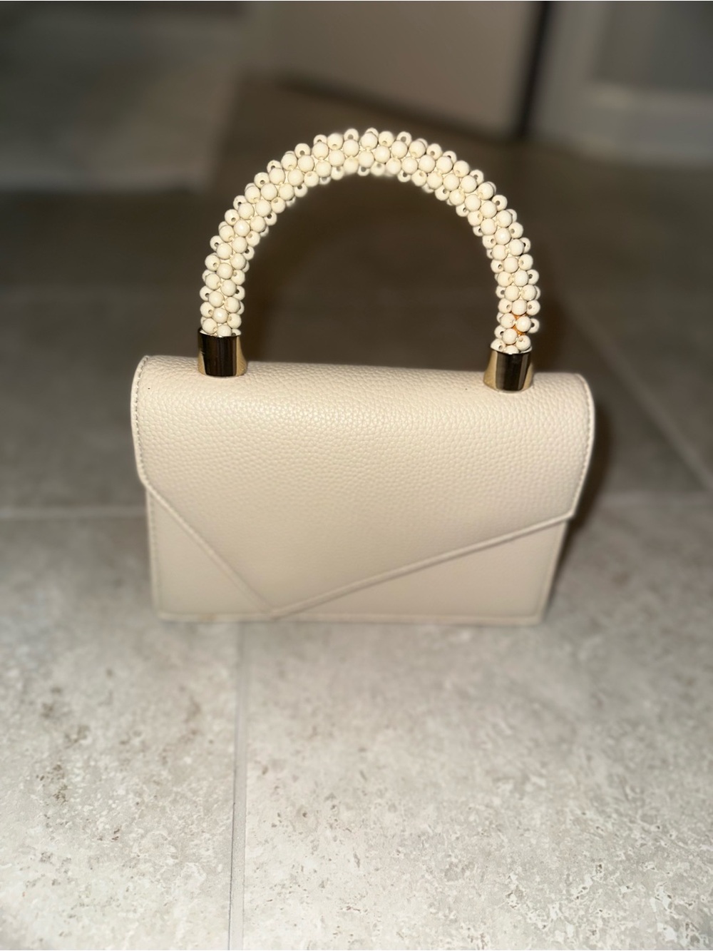 Beaded-Handle Mini Top-Handle Bag in Cream